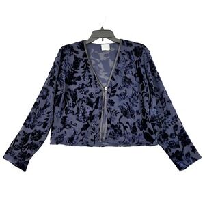 Rabbit Designs Sheer Burnout Velvet Floral Cardigan Navy Blue Cropped 10 Womens